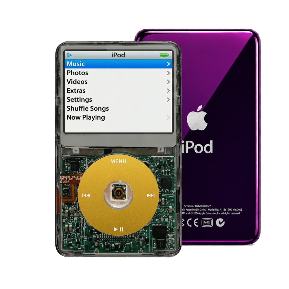 Clear Gray refurbished iPod Video 5.5 Gen with Yellow click wheel and Purple back plate