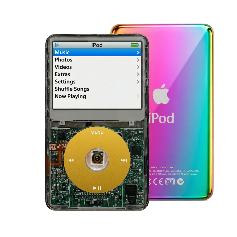 Clear Gray refurbished iPod Video 5.5 Gen with Yellow click wheel and Rainbow back plate