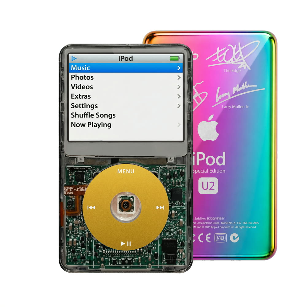 Clear Gray refurbished iPod Video 5.5 Gen with Yellow click wheel and Rainbow U2 back plate