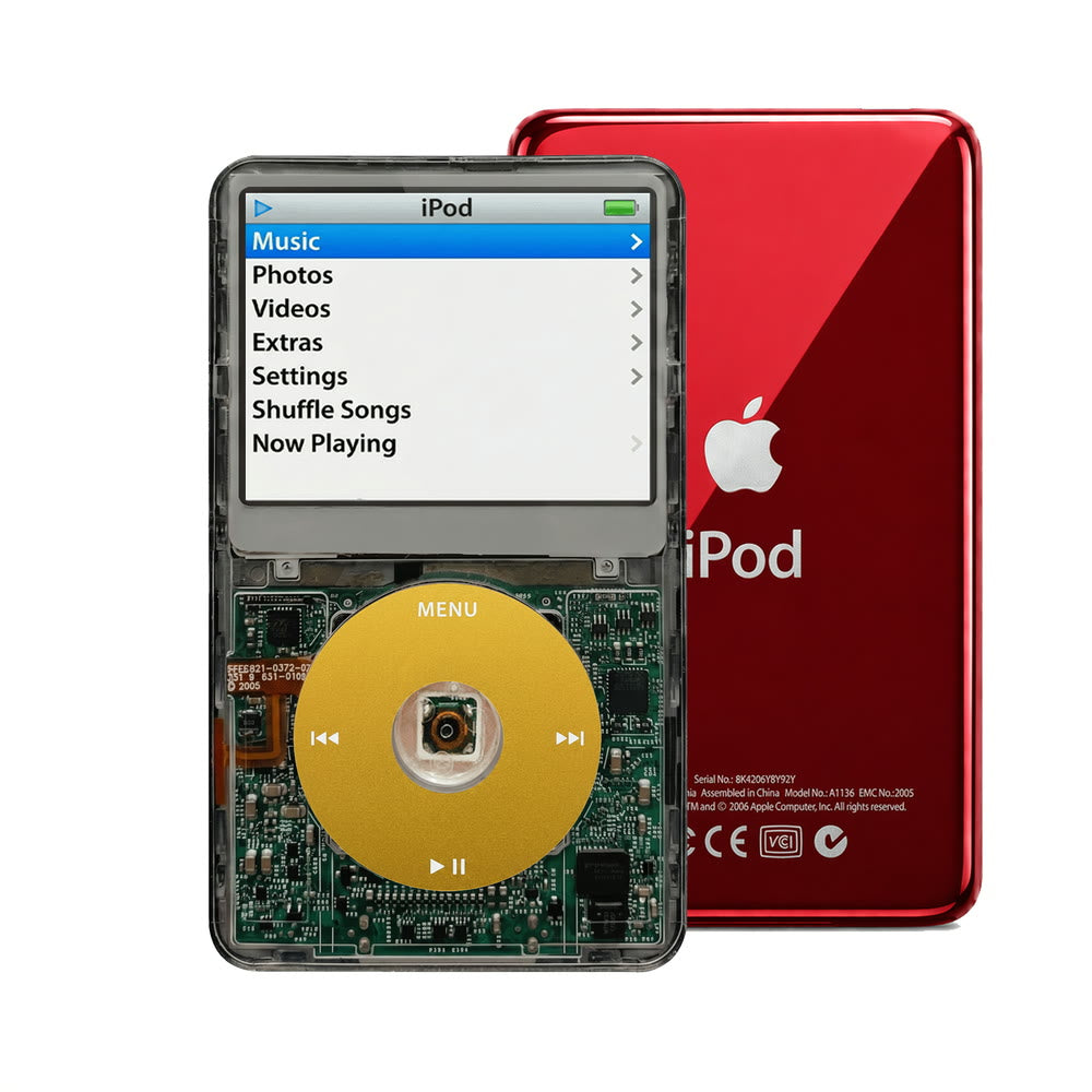 Clear Gray refurbished iPod Video 5.5 Gen with Yellow click wheel and Red back plate