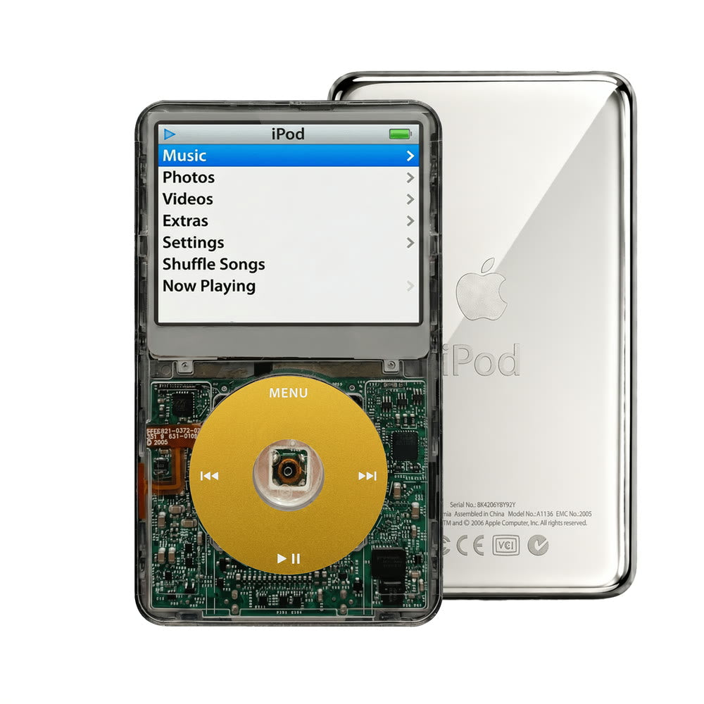 Clear Gray refurbished iPod Video 5.5 Gen with Yellow click wheel and Silver back plate