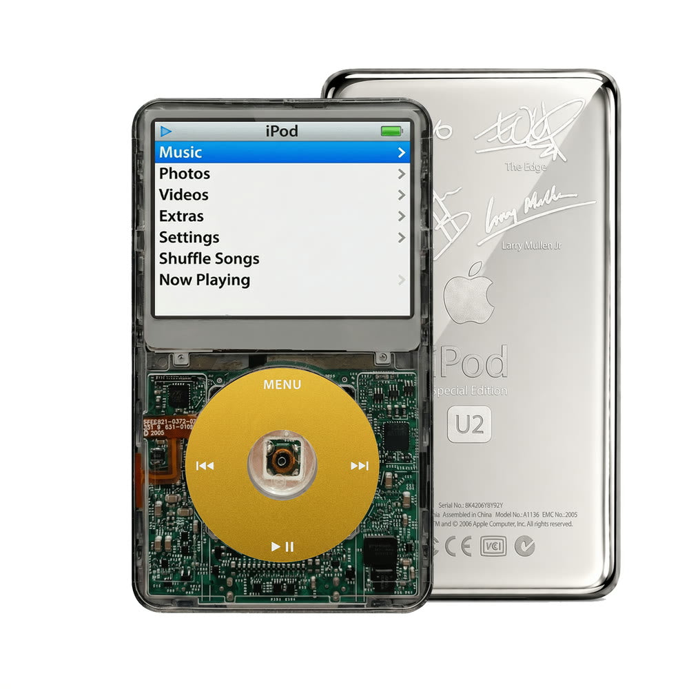 Clear Gray refurbished iPod Video 5.5 Gen with Yellow click wheel and Silver U2 back plate