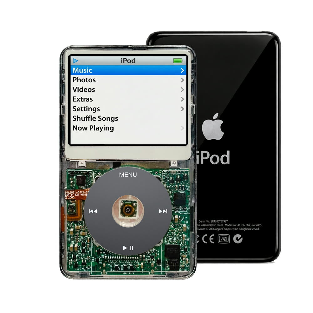 Clear refurbished iPod Video 5.5 Gen with Black click wheel and Black back plate