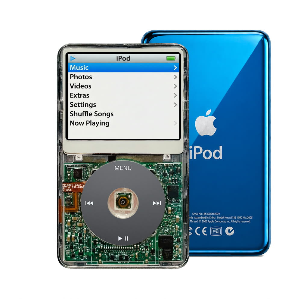 Clear refurbished iPod Video 5.5 Gen with Black click wheel and Blue back plate