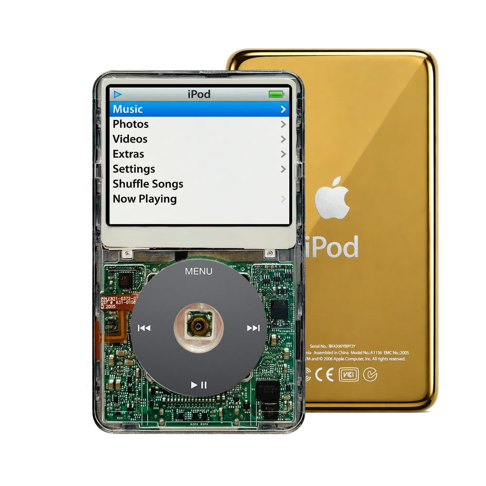 Clear refurbished iPod Video 5.5 Gen with Black click wheel and Gold back plate