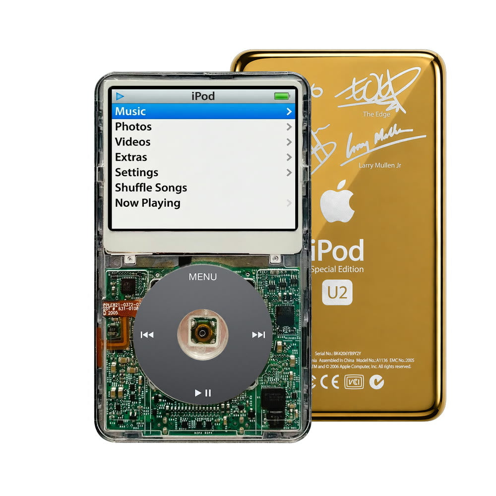 Clear refurbished iPod Video 5.5 Gen with Black click wheel and Gold U2 back plate