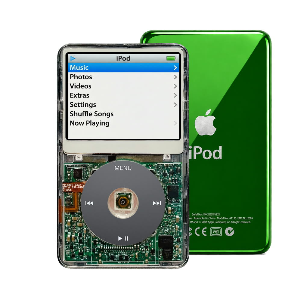 Clear refurbished iPod Video 5.5 Gen with Black click wheel and Green back plate