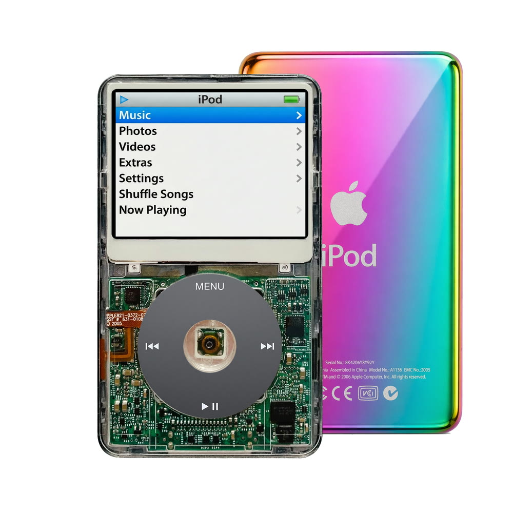Clear refurbished iPod Video 5.5 Gen with Black click wheel and Rainbow back plate