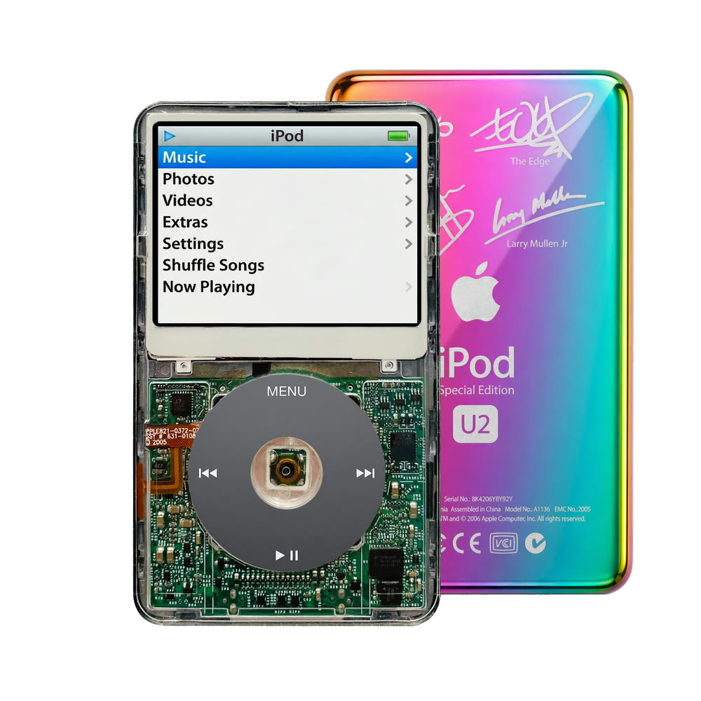 Clear refurbished iPod Video 5.5 Gen with Black click wheel and Rainbow U2 back plate