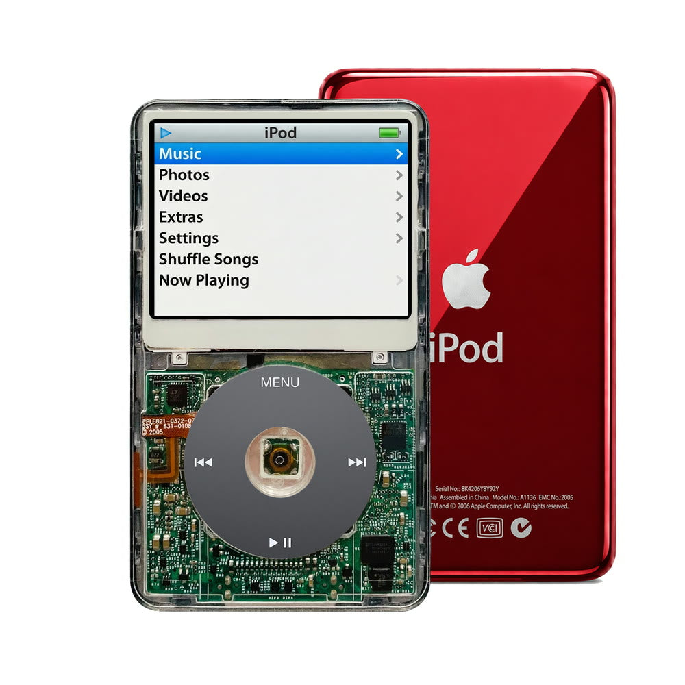 Clear refurbished iPod Video 5.5 Gen with Black click wheel and Red back plate