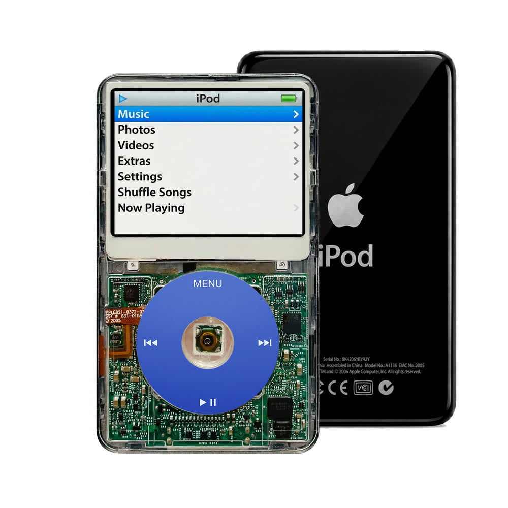 Clear refurbished iPod Video 5.5 Gen with Blue click wheel and Black back plate