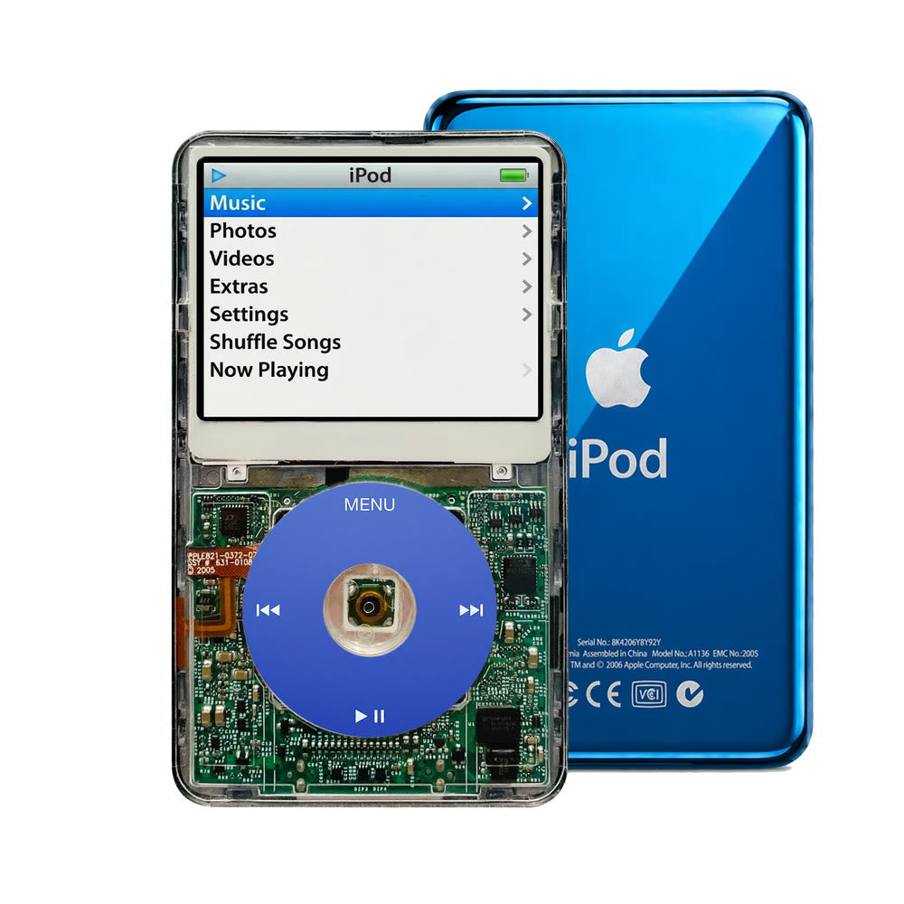 Clear refurbished iPod Video 5.5 Gen with Blue click wheel and Blue back plate