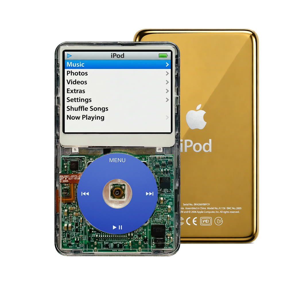 Clear refurbished iPod Video 5.5 Gen with Blue click wheel and Gold back plate
