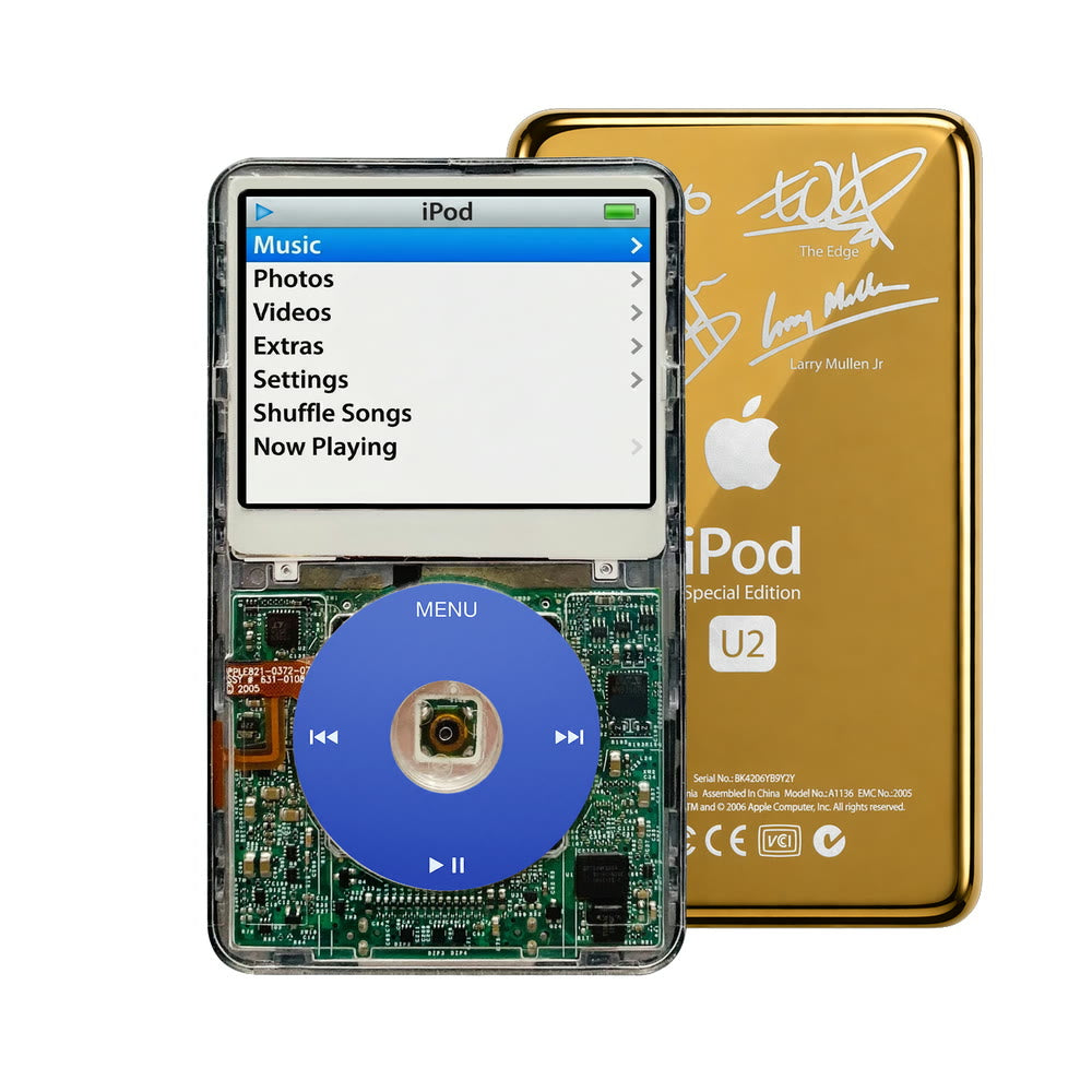 Clear refurbished iPod Video 5.5 Gen with Blue click wheel and Gold U2 back plate