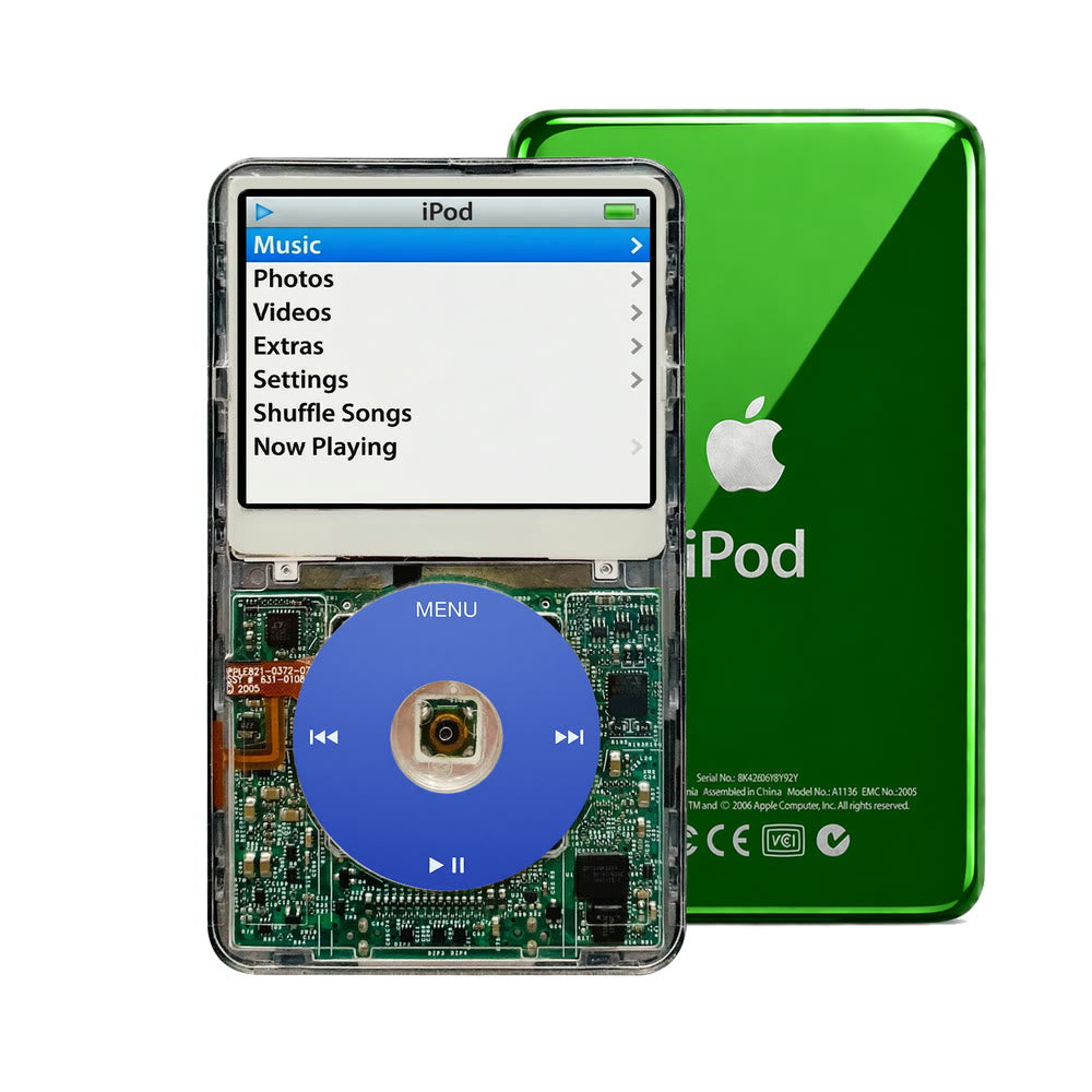 Clear refurbished iPod Video 5.5 Gen with Blue click wheel and Green back plate