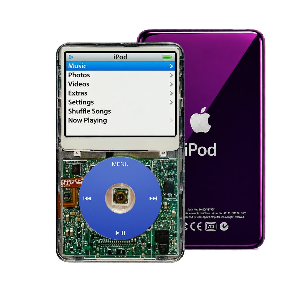 Clear refurbished iPod Video 5.5 Gen with Blue click wheel and Purple back plate