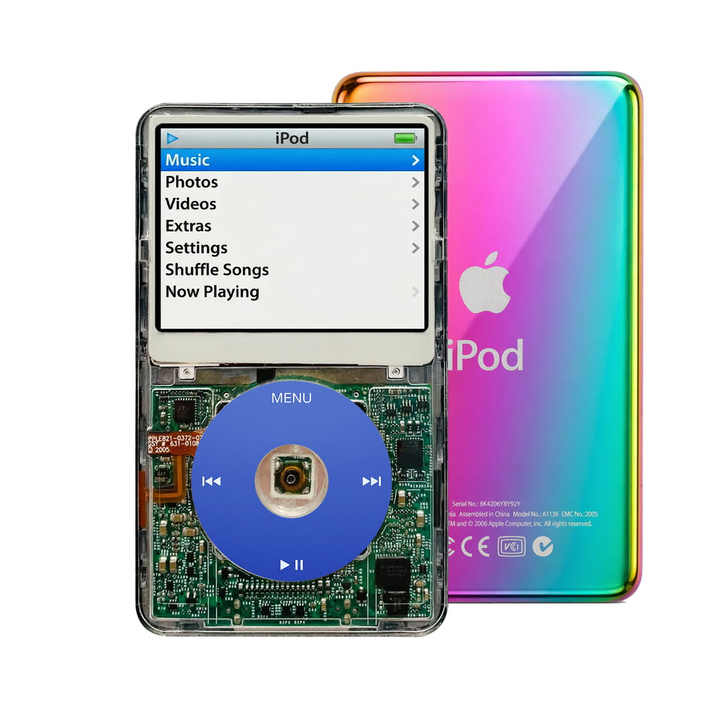 Clear refurbished iPod Video 5.5 Gen with Blue click wheel and Rainbow back plate