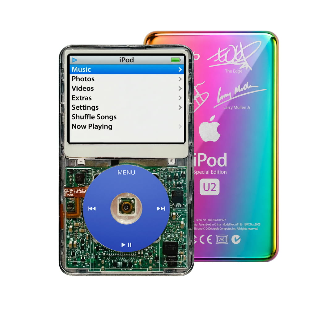Clear refurbished iPod Video 5.5 Gen with Blue click wheel and Rainbow U2 back plate