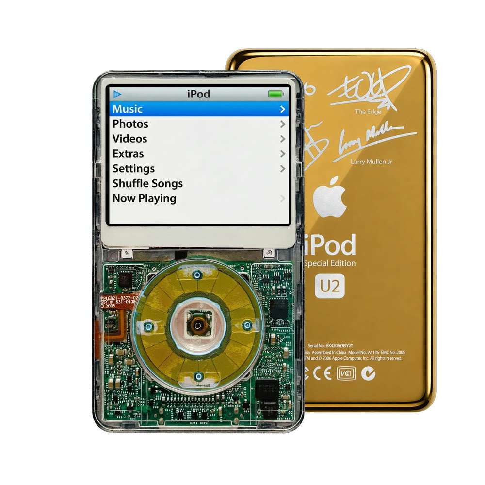 Clear refurbished iPod Video 5.5 Gen with Clear Blue click wheel and Gold U2 back plate
