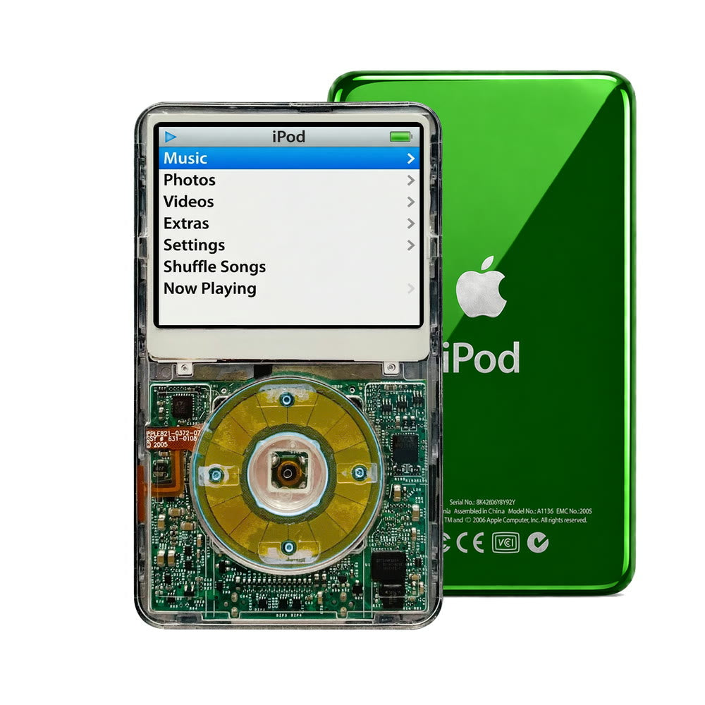 Clear refurbished iPod Video 5.5 Gen with Clear Blue click wheel and Green back plate