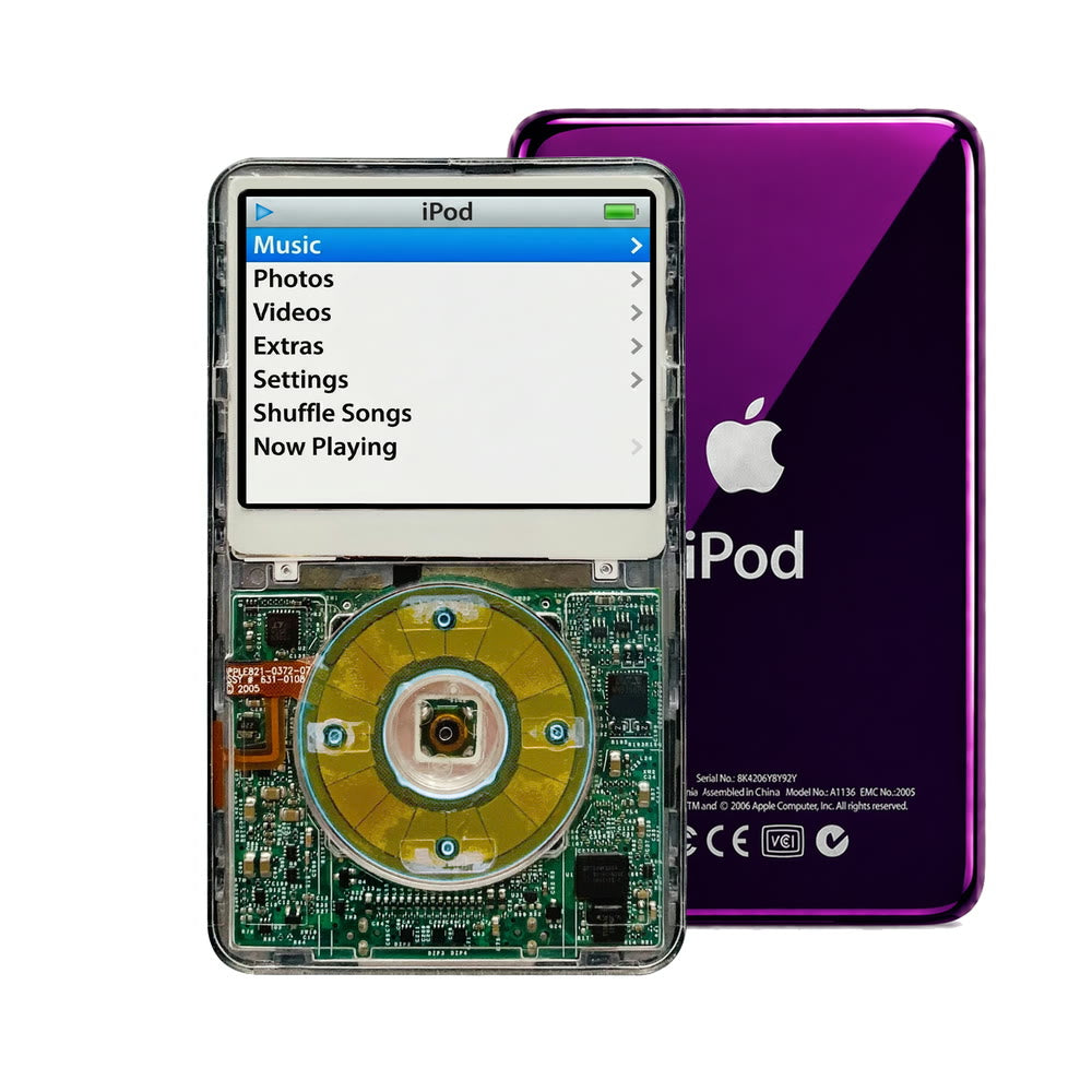 Clear refurbished iPod Video 5.5 Gen with Clear Blue click wheel and Purple back plate