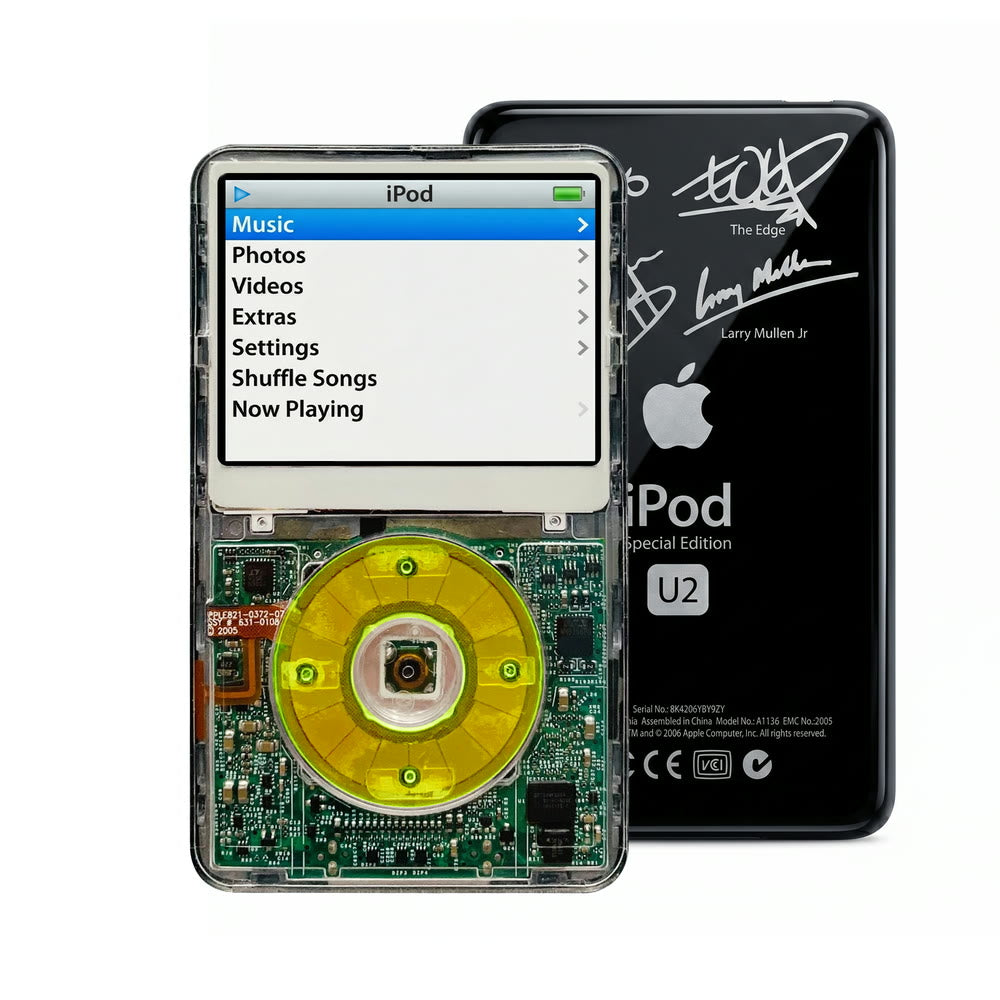 Clear refurbished iPod Video 5.5 Gen with Clear Green click wheel and Black U2 back plate