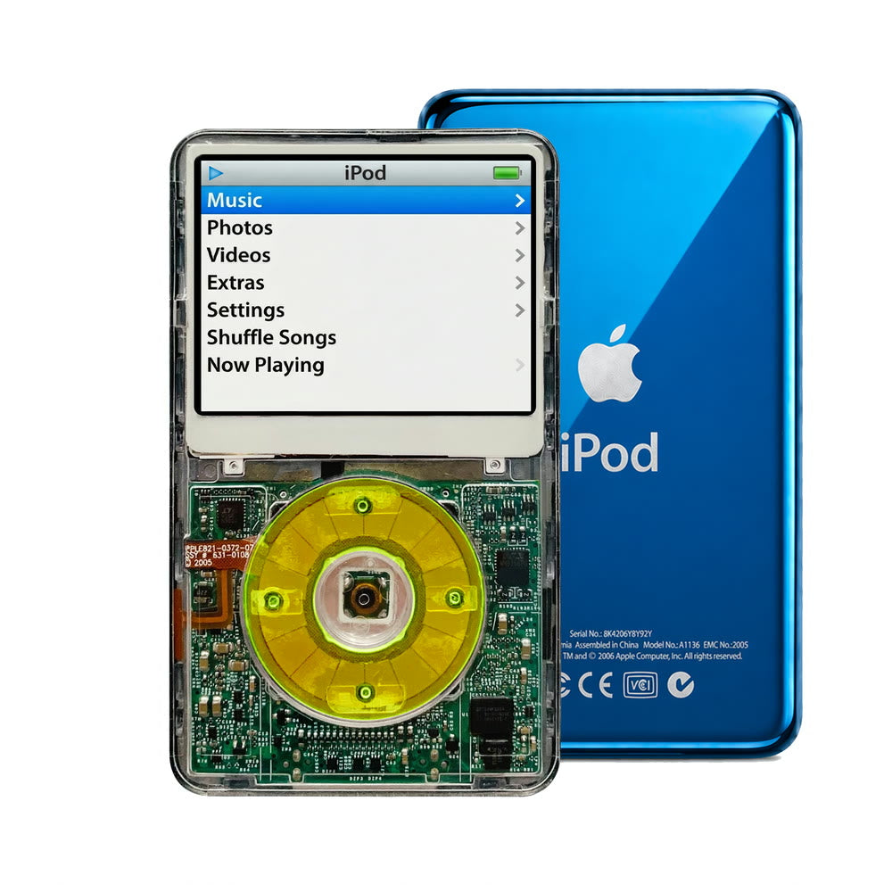 Clear refurbished iPod Video 5.5 Gen with Clear Green click wheel and Blue back plate