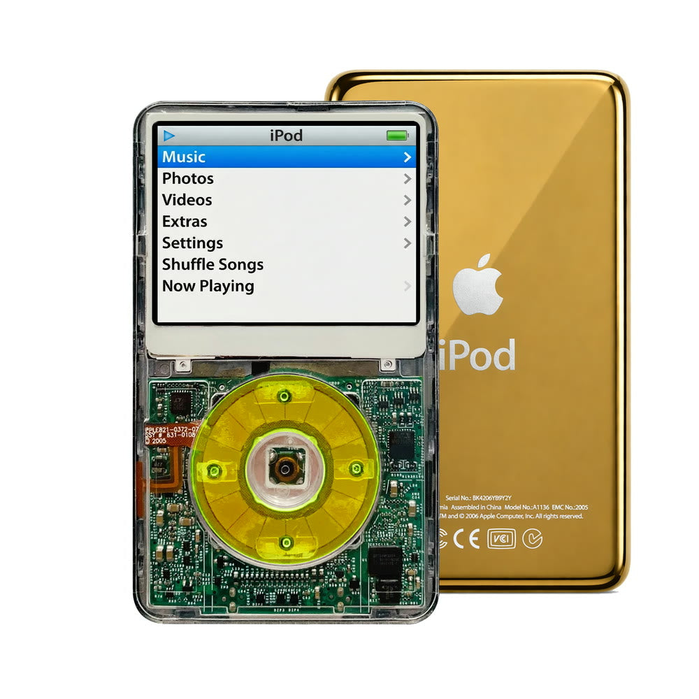 Clear refurbished iPod Video 5.5 Gen with Clear Green click wheel and Gold back plate