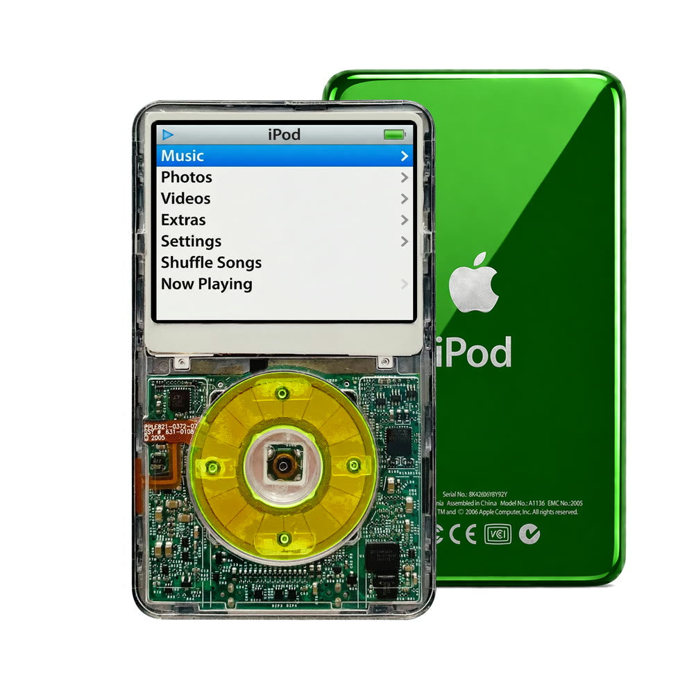 Clear refurbished iPod Video 5.5 Gen with Clear Green click wheel and Green back plate