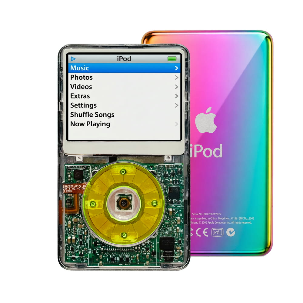 Clear refurbished iPod Video 5.5 Gen with Clear Green click wheel and Rainbow back plate