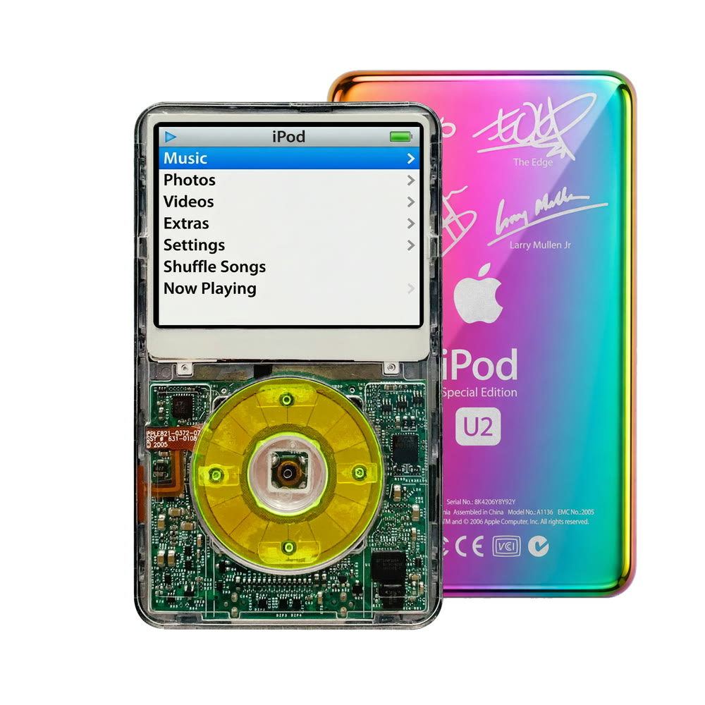Clear refurbished iPod Video 5.5 Gen with Clear Green click wheel and Rainbow U2 back plate
