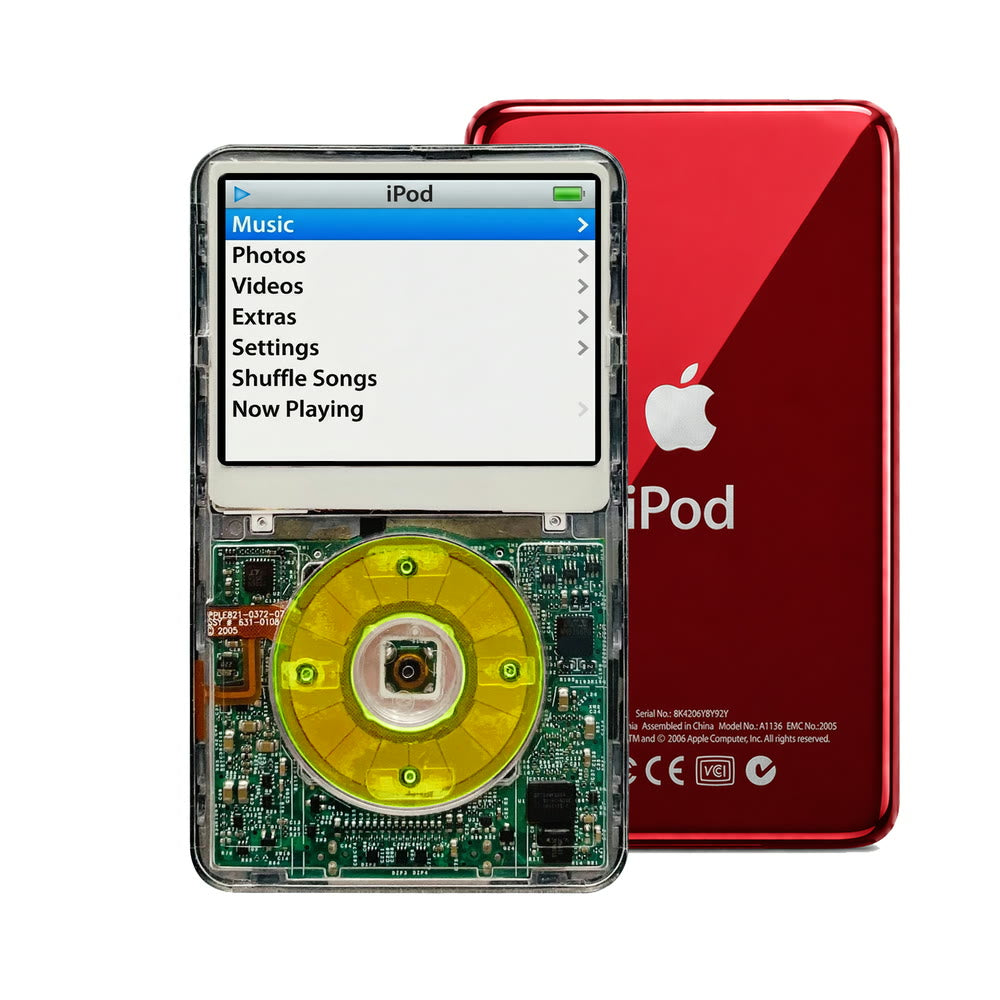 Clear refurbished iPod Video 5.5 Gen with Clear Green click wheel and Red back plate