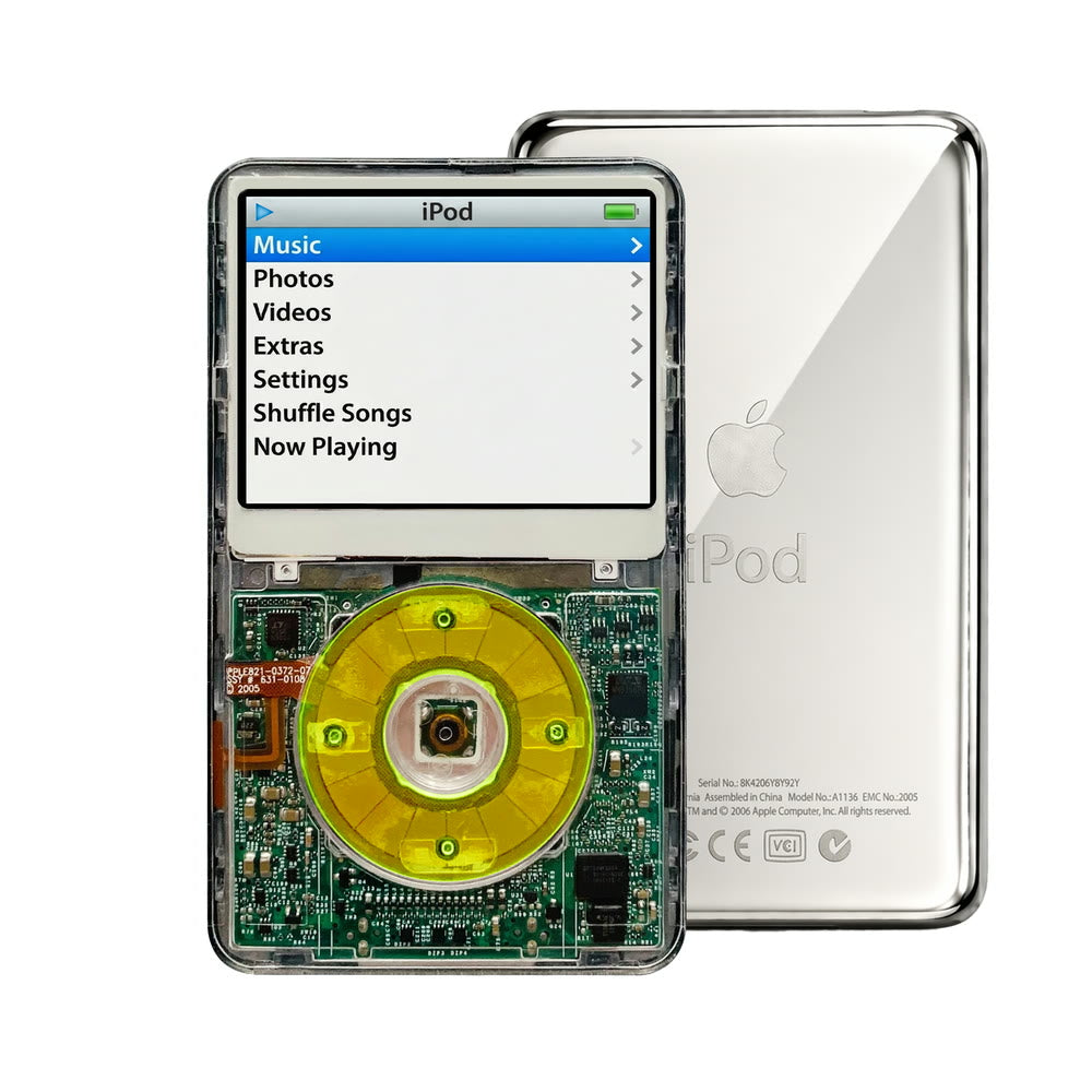 Clear refurbished iPod Video 5.5 Gen with Clear Green click wheel and Silver back plate