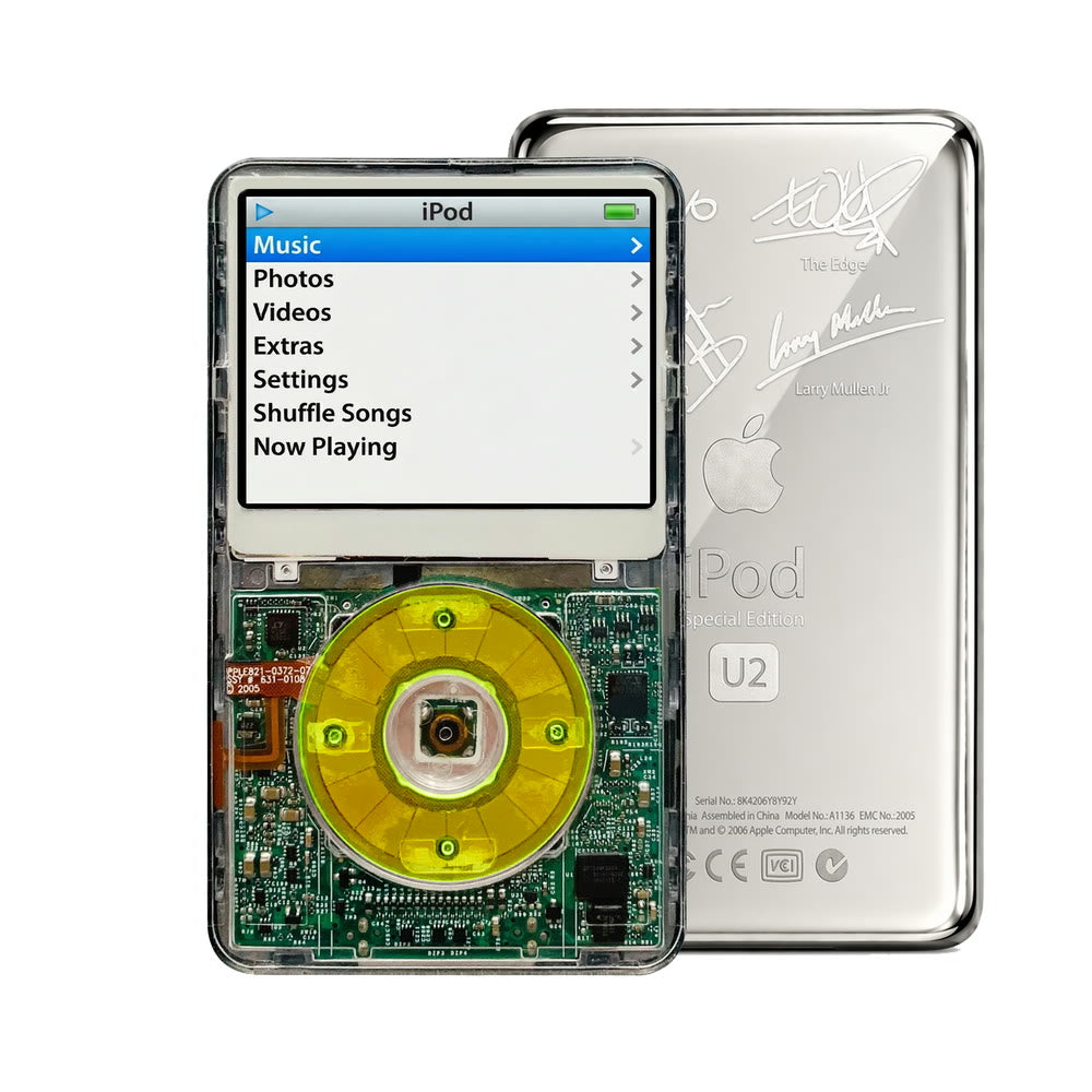 Clear refurbished iPod Video 5.5 Gen with Clear Green click wheel and Silver U2 back plate