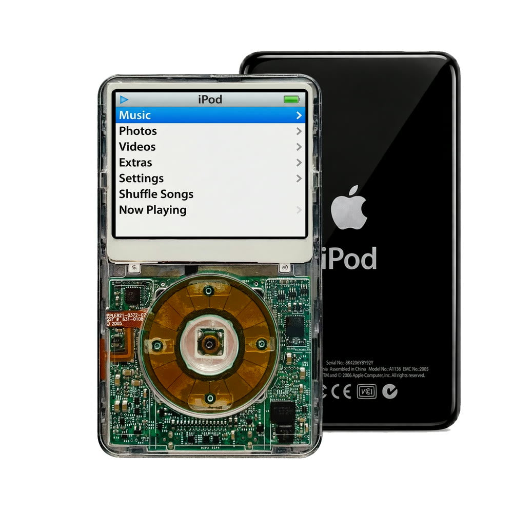 Clear refurbished iPod Video 5.5 Gen with Clear Gray click wheel and Black back plate