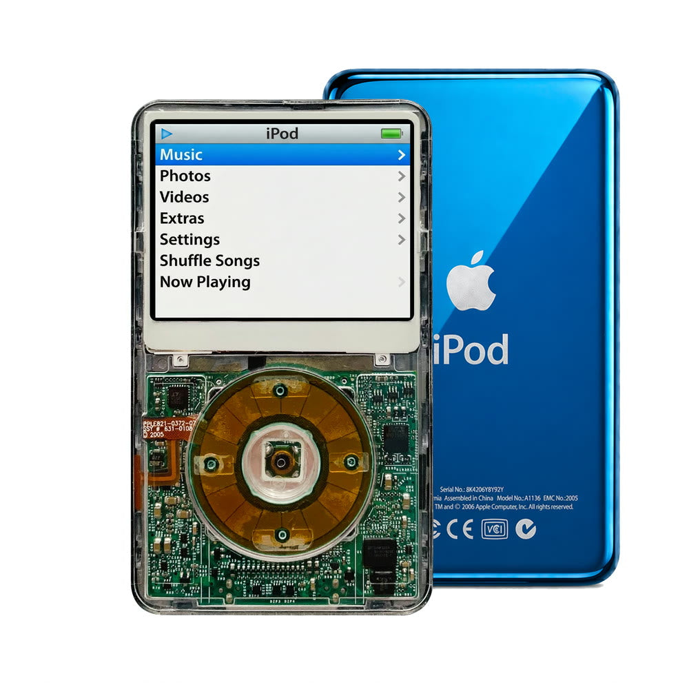 Clear refurbished iPod Video 5.5 Gen with Clear Gray click wheel and Blue back plate