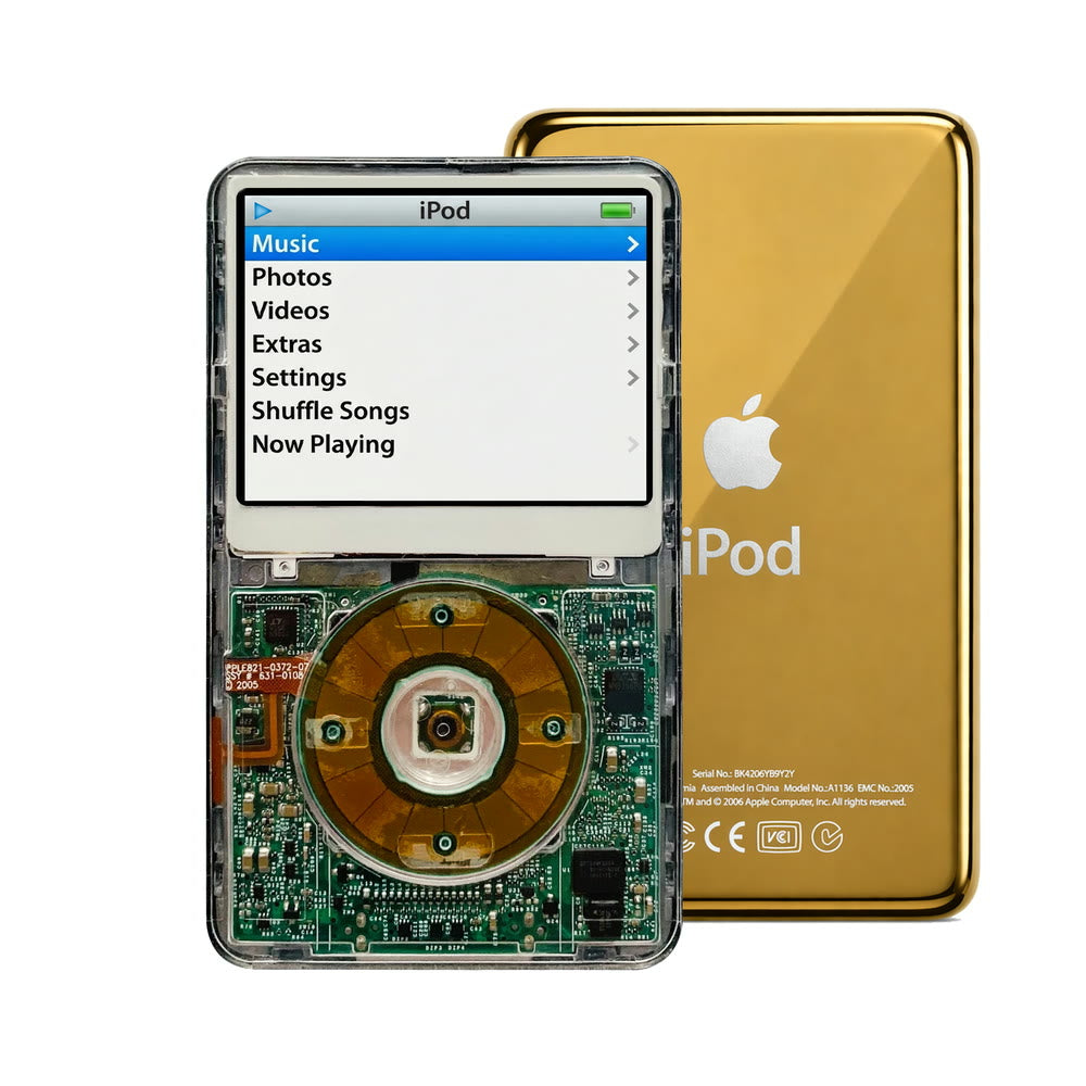Clear refurbished iPod Video 5.5 Gen with Clear Gray click wheel and Gold back plate