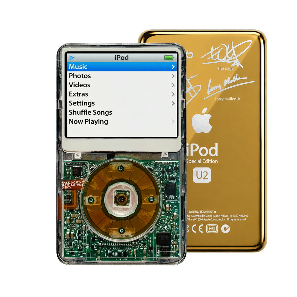 Clear refurbished iPod Video 5.5 Gen with Clear Gray click wheel and Gold U2 back plate