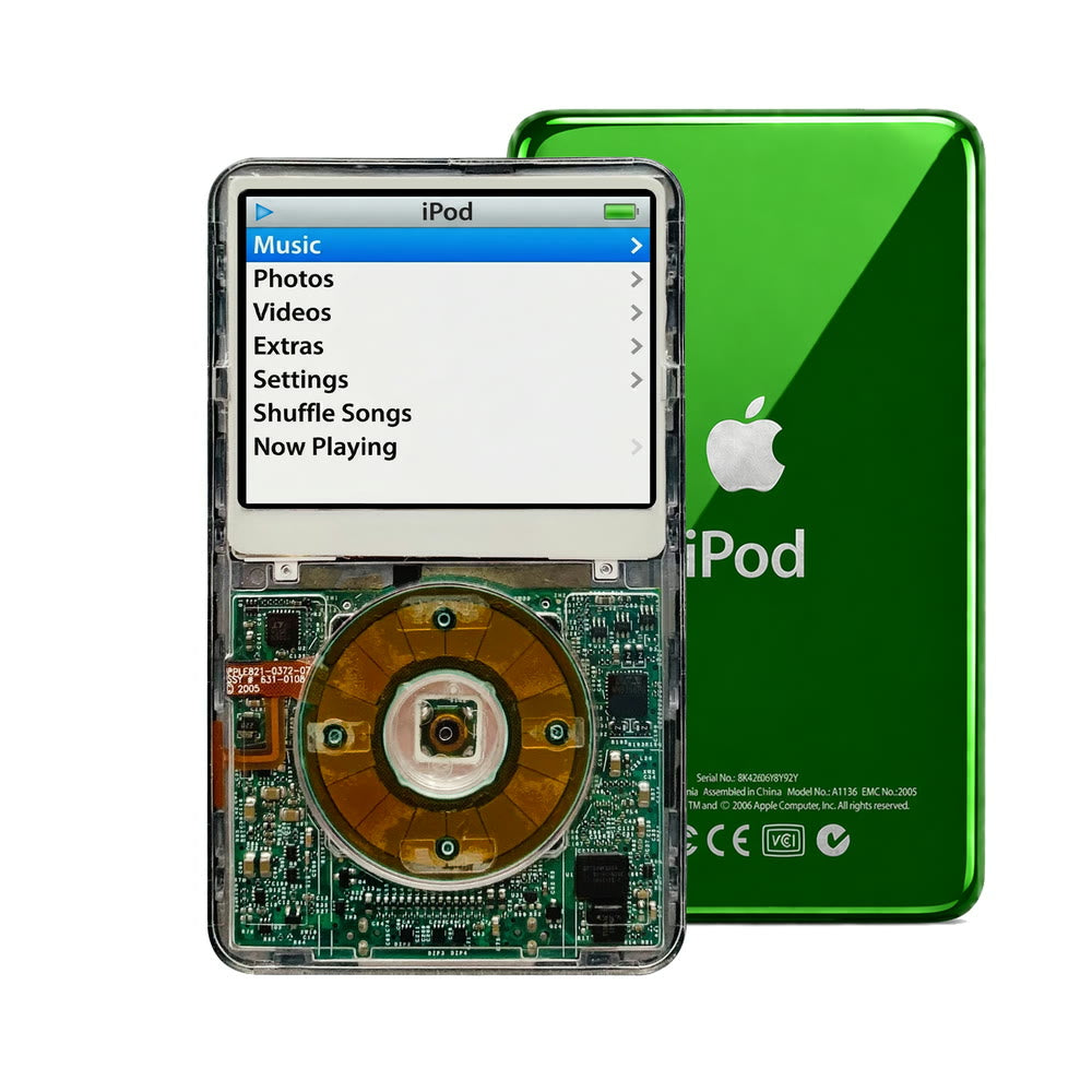 Clear refurbished iPod Video 5.5 Gen with Clear Gray click wheel and Green back plate