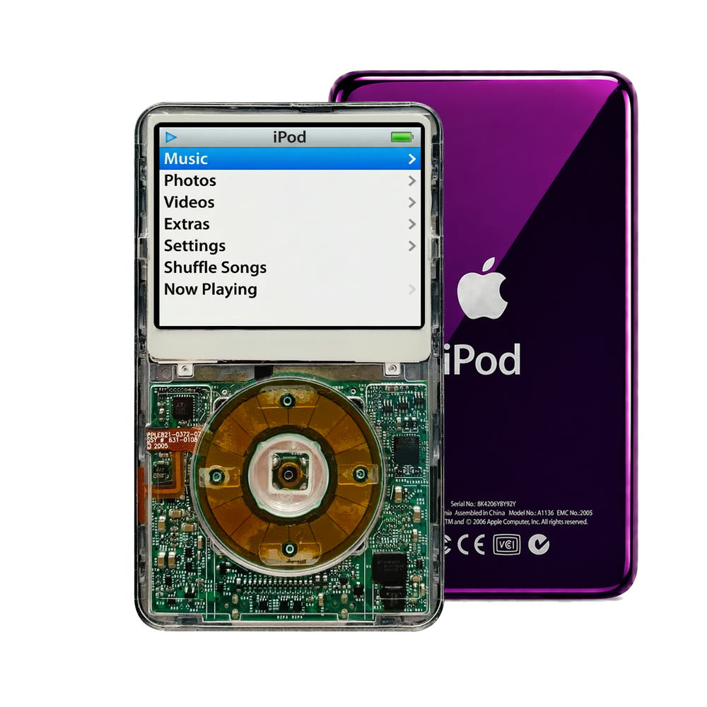 Clear refurbished iPod Video 5.5 Gen with Clear Gray click wheel and Purple back plate