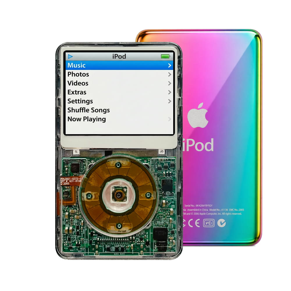 Clear refurbished iPod Video 5.5 Gen with Clear Gray click wheel and Rainbow back plate