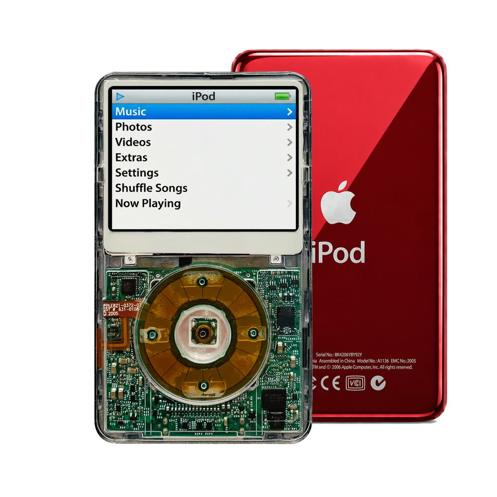 Clear refurbished iPod Video 5.5 Gen with Clear Gray click wheel and Red back plate