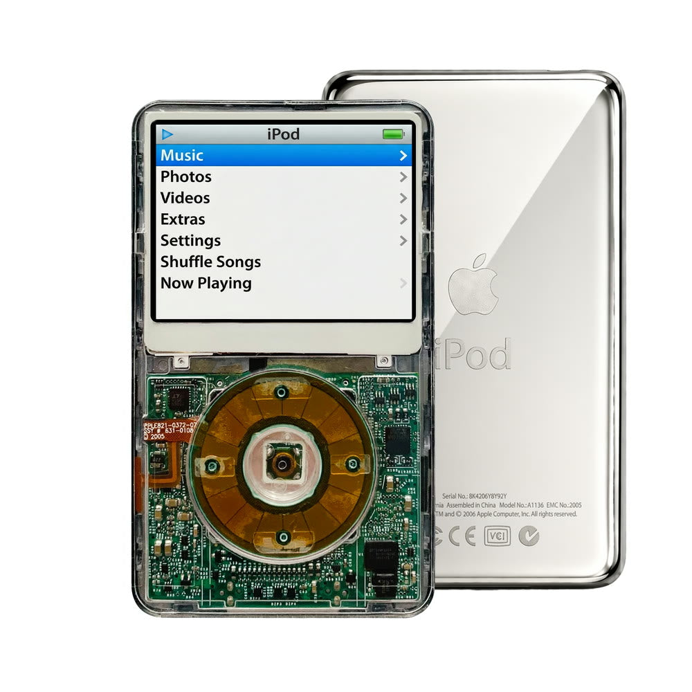 Clear refurbished iPod Video 5.5 Gen with Clear Gray click wheel and Silver back plate