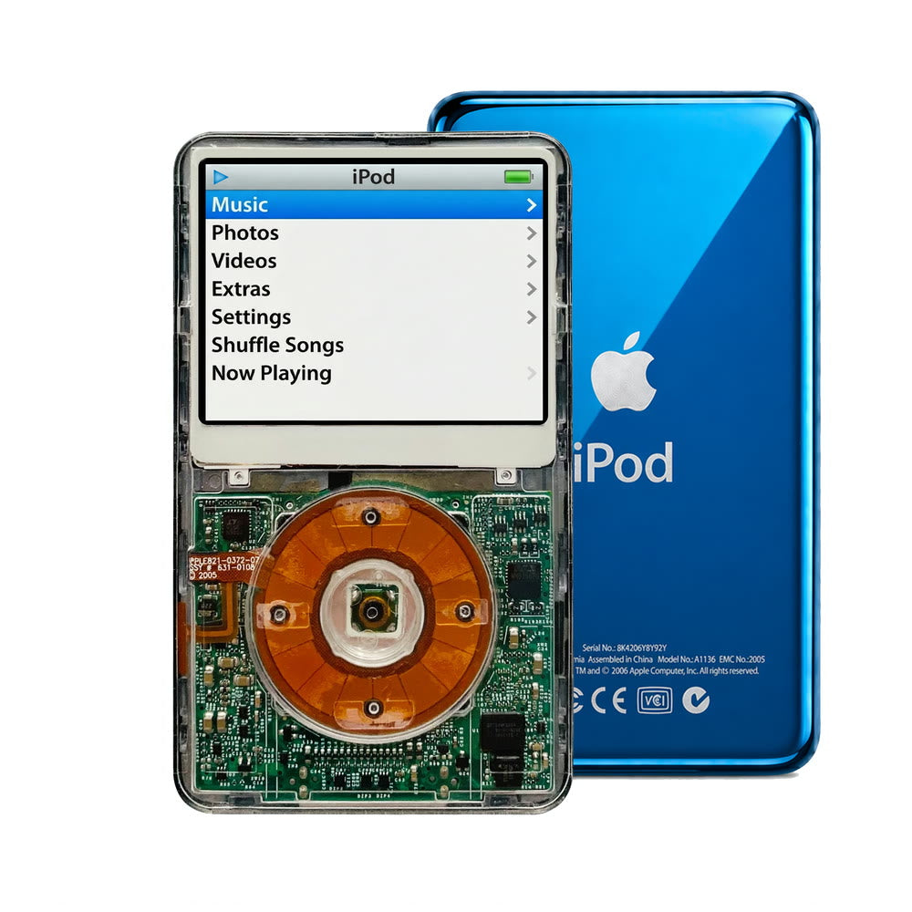 Clear refurbished iPod Video 5.5 Gen with Clear click wheel and Blue back plate