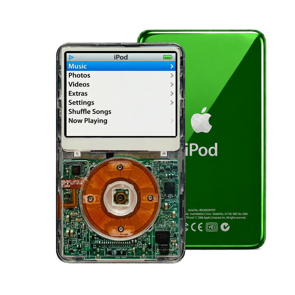 Clear refurbished iPod Video 5.5 Gen with Clear click wheel and Green back plate