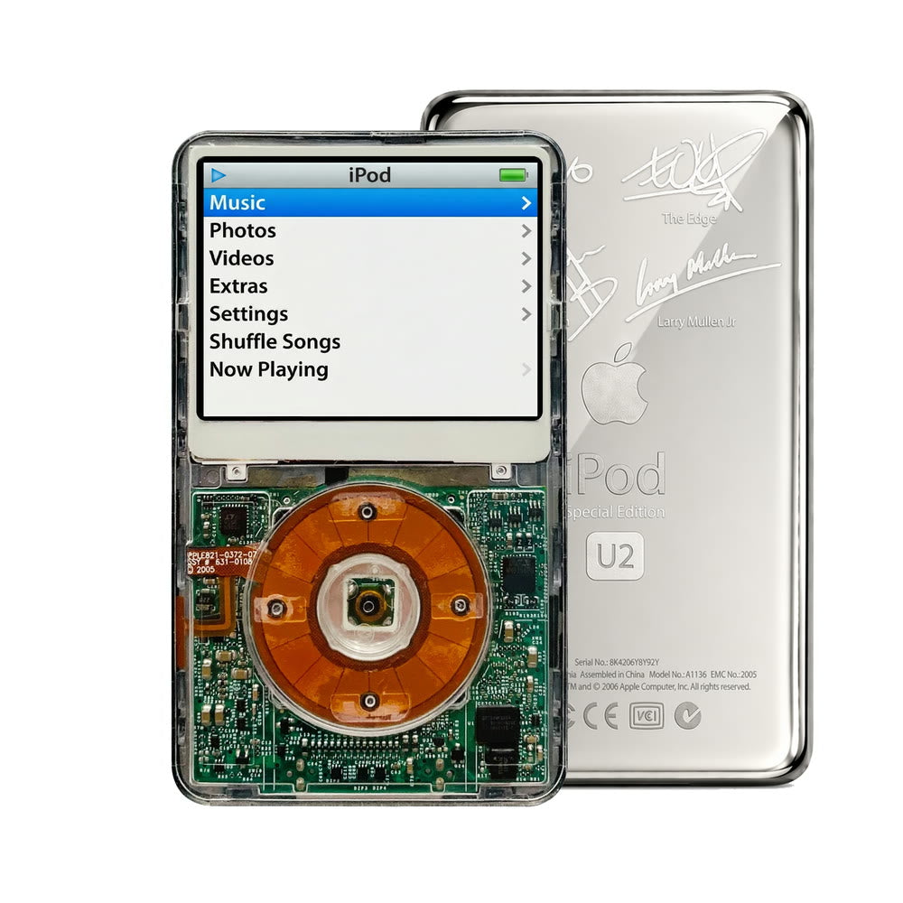 Clear refurbished iPod Video 5.5 Gen with Clear click wheel and Silver U2 back plate
