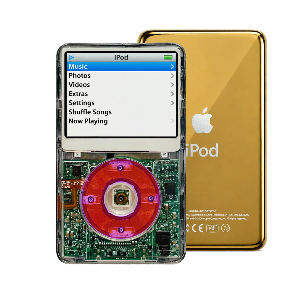 Clear refurbished iPod Video 5.5 Gen with Clear Purple click wheel and Gold back plate