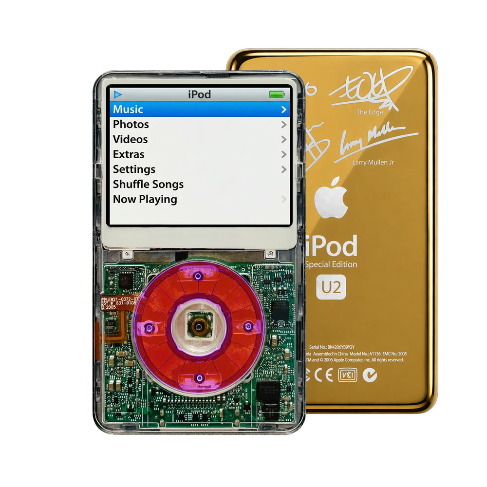 Clear refurbished iPod Video 5.5 Gen with Clear Purple click wheel and Gold U2 back plate