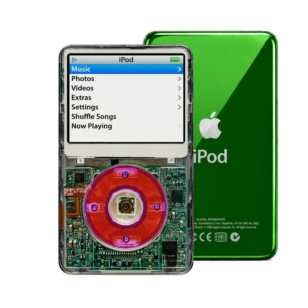 Clear refurbished iPod Video 5.5 Gen with Clear Purple click wheel and Green back plate