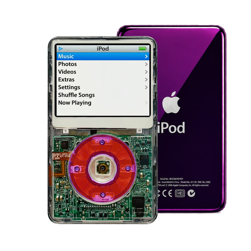 Clear refurbished iPod Video 5.5 Gen with Clear Purple click wheel and Purple back plate